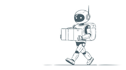 Robot delivers package. Cute android backpack antenna. E-commerce retail technology delivery. Cartoon style white background vector illustration