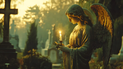 Fototapeta premium An angel holding a candle at its feet, the flame flickering softly in the wind, surrounded by a tranquil cemetery setting.