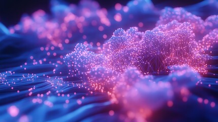 Abstract 3D rendering of a glowing, interconnected network of nodes and lines over a soft, cloud-like surface.