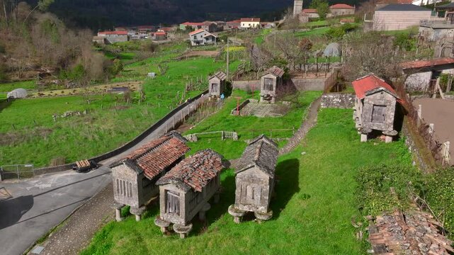 Traditional stone horreos in Galicia, Spain. An horreo is a typical granary from the northwest of the Iberian Peninsula. Aerial View.