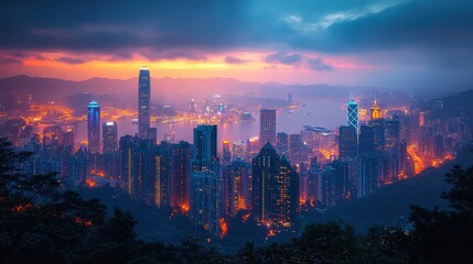 Fototapeta premium Vibrant cityscape glows under twilight skies