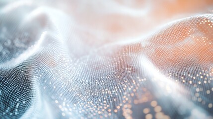Abstract background of flowing white mesh fabric with glowing particles.