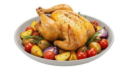 Isolated Roasted Chicken with Vegetables on White Background