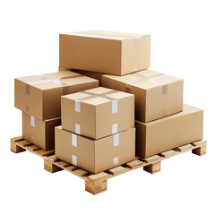 Fototapeta premium stack of various cardboard boxes, small and large, ready to deliver on a wooden pallet, transparent png background, shipping theme