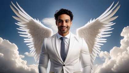 A smiling and muscular Angel in a white suit and white tie; cloud background, hyper realistic; an angel in white suit and tie with a large angelic wings; happy and delighted angelical angel with wings