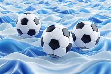 Three soccer balls floating on a creative stylized blue wave background, giving a surreal and dynamic effect. Concept of sports and motion. Ai generative
