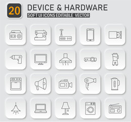 Modern Device and Hardware Outline Icon Set with Soft UI Editable Vector