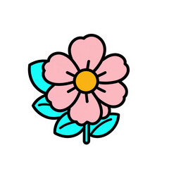 Pink flower sticker with yellow center and green leaves for decorative designs.Transparent background.