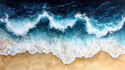 Fototapeta premium Waves Crashing Gently on Golden Beach Shore in Ocean's Dynamic Turquoise and White Colors