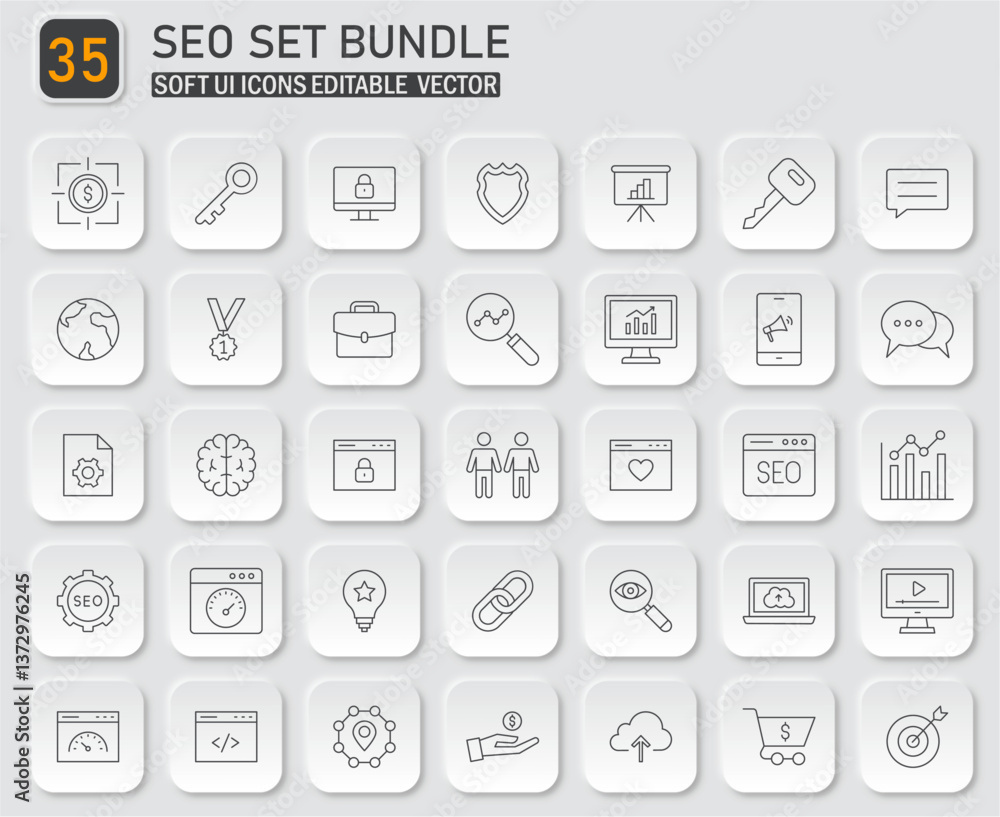 Poster vector illustration of 35 seo icons bundle with soft ui editable design