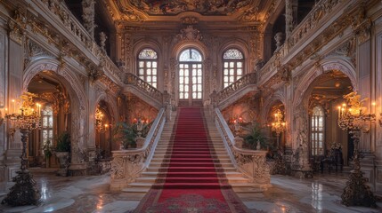 Fototapeta premium Ornate staircase with red carpet elegant design