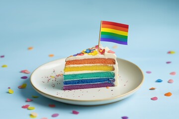Slice of colorful rainbow cake with Pride flag celebrating Pride month. Rainbow Flag, Gay Pride, LGBT