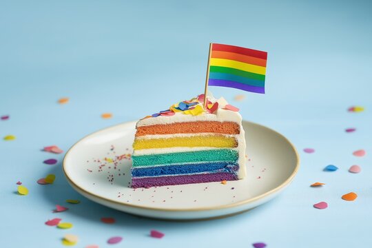 Slice of colorful rainbow cake with Pride flag celebrating Pride month. Rainbow Flag, Gay Pride, LGBT