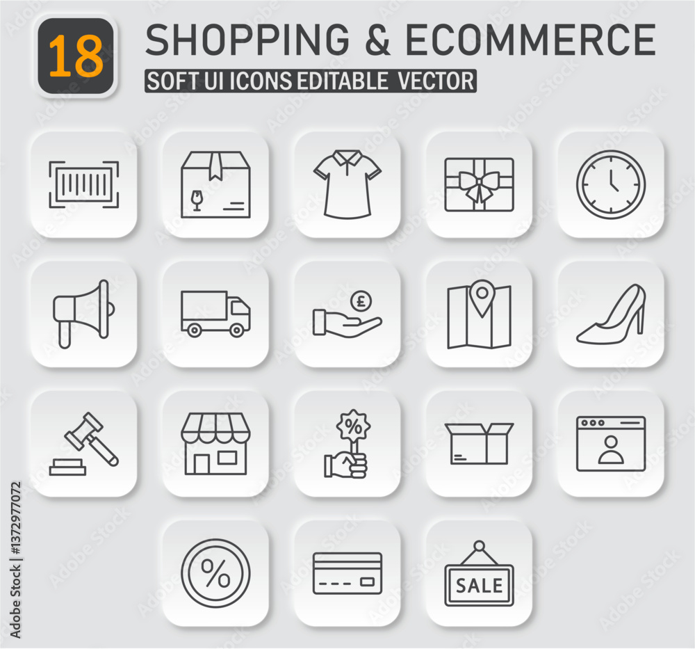 Poster neumorphic style outline icons set for shopping and e-commerce interface