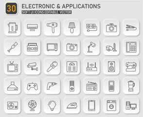 Assorted home electronics and appliances icons set, minimal line style design