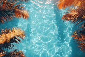 Obraz premium Serene Poolside Scene with Sunny Reflections and Palm Shadows Under Clear Skies