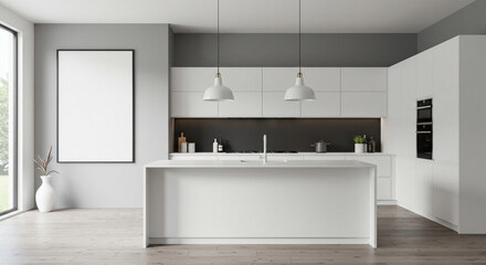 Fototapeta premium A serene minimalist kitchen showcasing modern design and clean lines, featuring a large blank canvas ready for personalization, illuminated by soft pendant lights above a sleek white island.