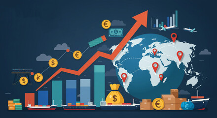 Fototapeta premium Global trade flourishing, a vibrant upward trend showcasing international commerce and economic growth with a bold graphic style.