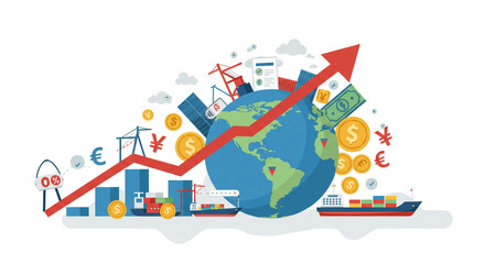 Global economic growth visualized as a vibrant upward trend encompassing international trade, finance, and technology, depicted with a bright red arrow soaring over a detailed earth graphic.