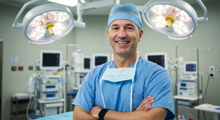 A surgeon in an operating room wearing a sterile gown, mask and cap. He stands with his arms crossed in front of medical equipment including monitors, an IV and surgical lighting.