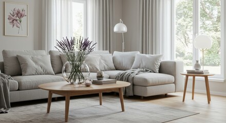 Fototapeta premium A Scandinavian-style living room interior, featuring a minimalistic wooden coffee table with a large round glass bowl filled with lavender sprigs, surrounded by a cozy couch with light gray upholstery