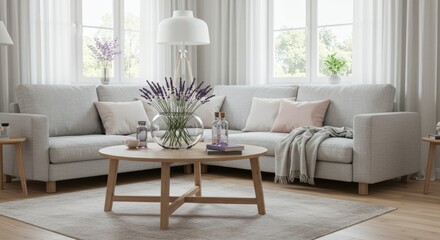 Fototapeta premium A Scandinavian-style living room interior, featuring a minimalistic wooden coffee table with a large round glass bowl filled with lavender sprigs, surrounded by a cozy couch with light gray upholstery