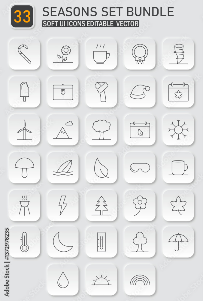 Poster collection of 33 editable seasonal icons in soft ui vector style for design use