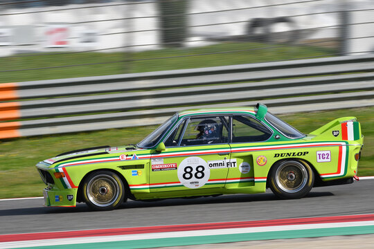 Scarperia, Italy - April 5th 2024: BMW 3.0 CSL year 1975 in action during Mugello Classic 2024 at Mugello Circuit in Italy.