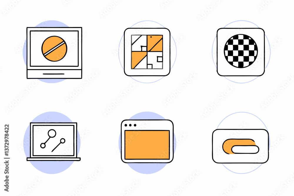 Poster digital icons representing technology symbols and interfaces