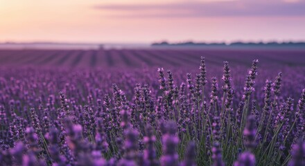 Naklejka premium A lavender field in full bloom at sunset. The foreground is filled with tall stems of lavender with purple flowers, while the background shows rows of plants stretching to the horizon.