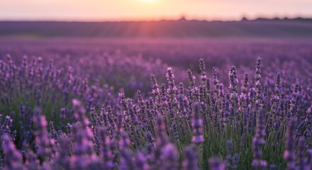 Fototapeta premium A lavender field in full bloom at sunset. The foreground is filled with tall stems of lavender with purple flowers, while the background shows rows of plants stretching to the horizon.