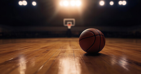 Un ballon de basket-ball sur le parquet d'un gymnase vide de spectateurs, &eacute;clair&eacute; par des projecteurs, avec un arri&egrave;re-plan flou montrant le panier.