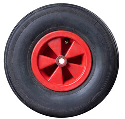 A garden wheelbarrow wheel with a plastic rim on an isolated background.