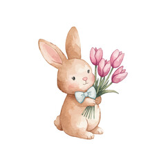 Obraz premium Sweet Baby Rabbit with Pink Flowers – Charming Easter Clipart
