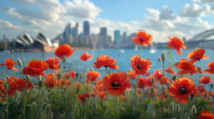 Obraz premium red poppies with Sydney in the background, Anzac Day, poppy field, National Day of Remembrance, memory, First World War, April 25, Australian holiday