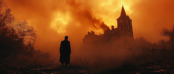 Fototapeta premium Silhouette contemplates imposing manor amidst orange fog.