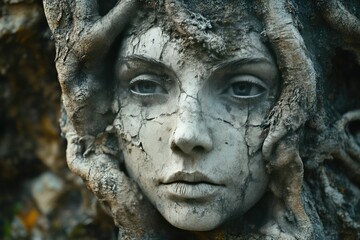 Stone face entwined with weathered tree roots.