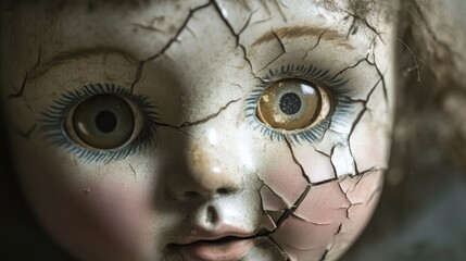 Close-up of a cracked doll face with visible damage and