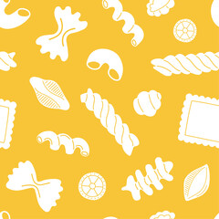 White and yellow seamless pattern with various Italian pasta. Vector food pattern with traditional macaroni.