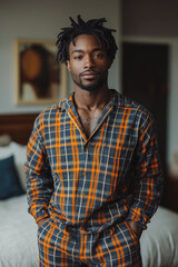 Fototapeta premium Man in plaid pajamas with hands in pockets in room with bed and art. Modern, comfortable sleepwear.