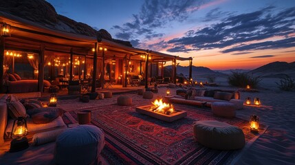 Luxurious desert glamping under a vibrant sunset sky in the middle east