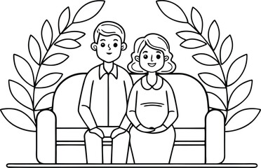 Smiling Couple Sitting on Couch with Leaves, Black and White Outline, Transparent Background