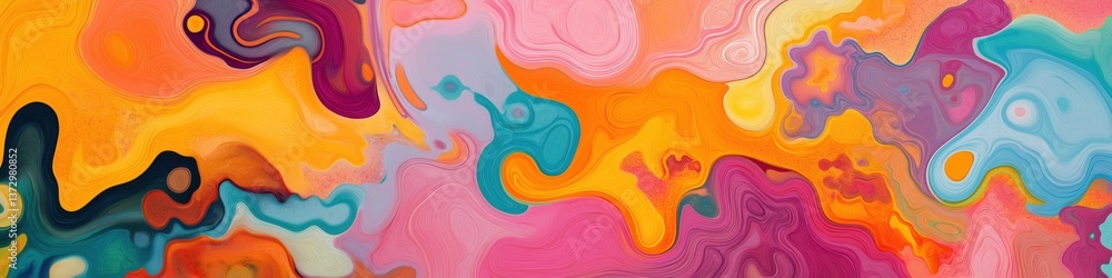 Poster the painting is a vibrant and colorful abstract piece with a variety of shapes and hues. the colors 
