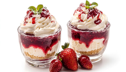 Delicious dessert. Sponge cake, strawberries, jam and whipped cream in glasses isolated on white
