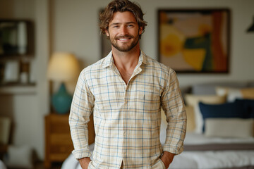 Fototapeta premium Smiling man in plaid shirt with hands in pockets in cozy bedroom, showcasing a casual and comfortable style.