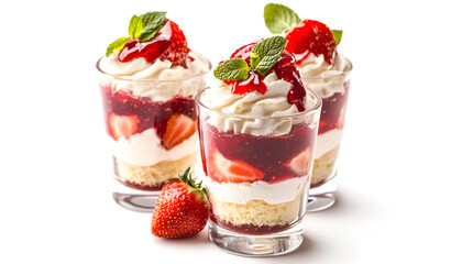 Delicious dessert. Sponge cake, strawberries, jam and whipped cream in glasses isolated on white