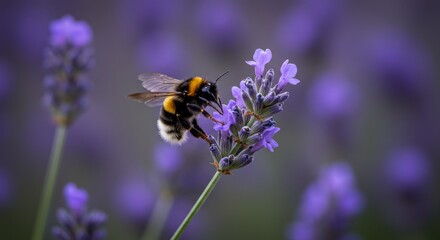 Fototapeta premium A bumblebee sitting on a lavender flower. The soft light and blurred background create a gentle atmosphere.