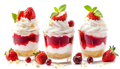 Delicious dessert. Sponge cake, strawberries, jam and whipped cream in glasses isolated on white