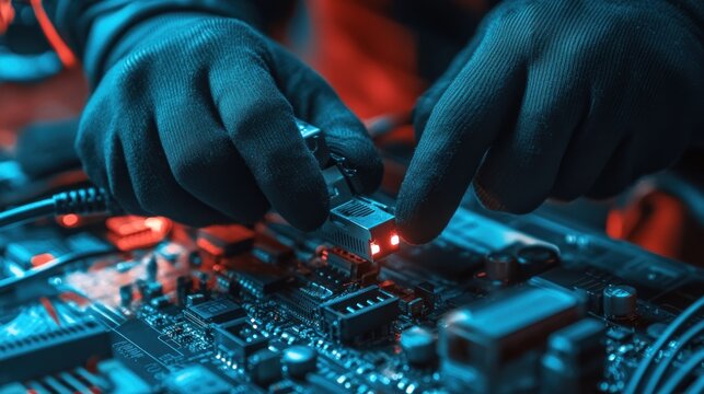 Close-up of cyber professional hands in black gloves working with a circuit board