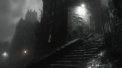 Rainy night old european buildings dimly lit.